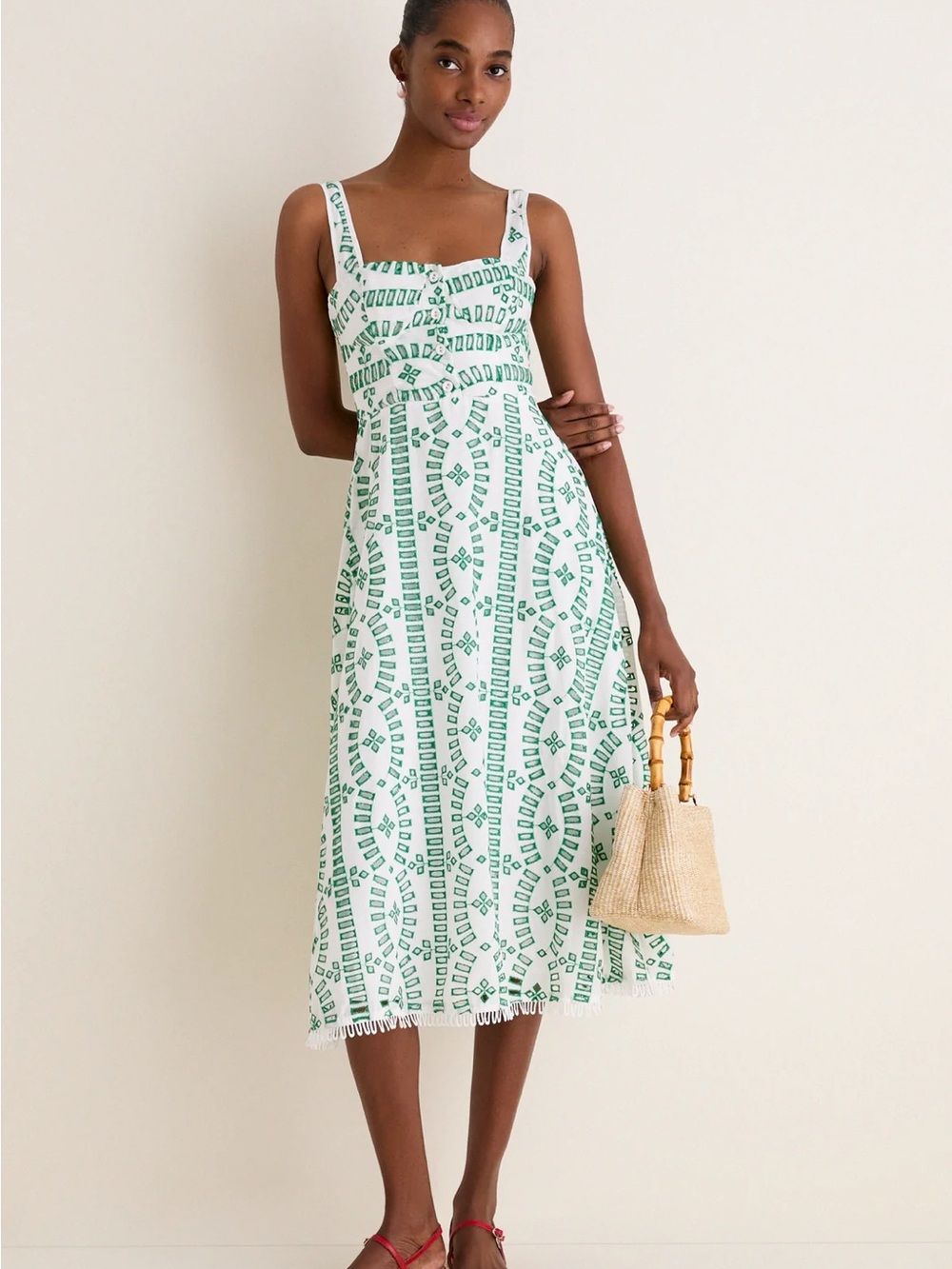 NWOT Moon River White Midi Dress with Green Geometric Print